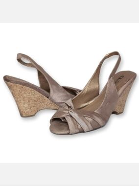 CL By Laundry Slingback Cork Wedge Sandals Peeptoe Satin Heels Shoes
